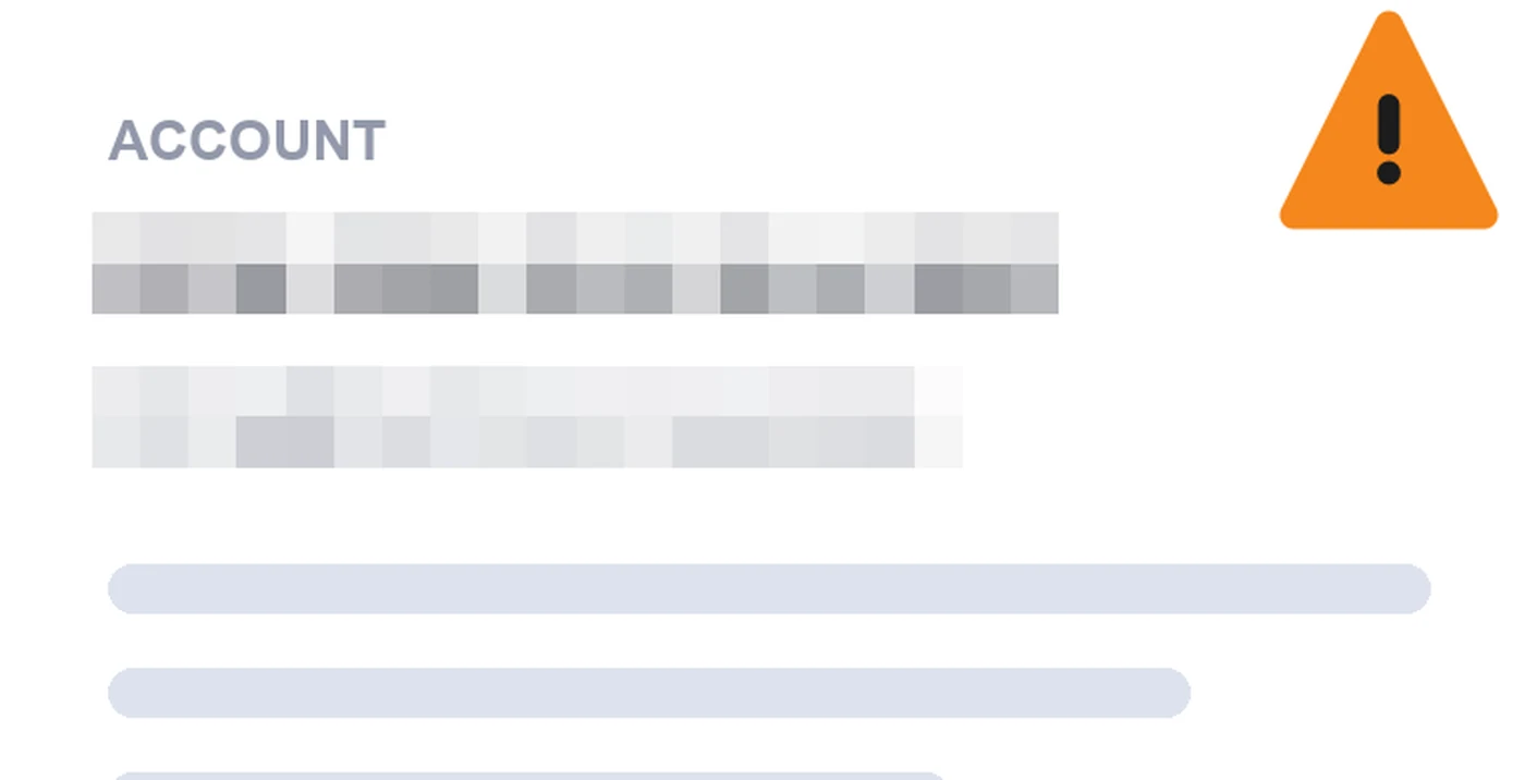 Close-up of an account number and email address replaced by coarse grey blocks, with an amber warning stamp beside them.