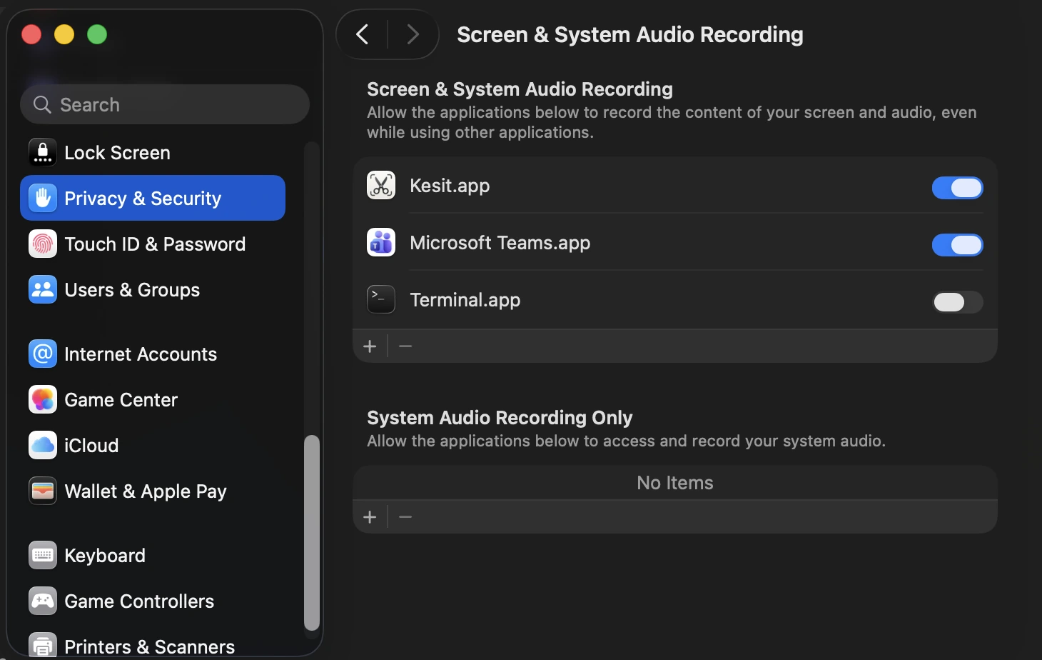 macOS System Settings, Privacy & Security, Screen & System Audio Recording. Kesit.app appears in the list with its switch turned on.